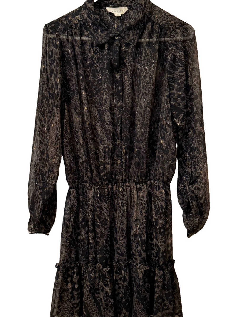 Lovestitch Black Animal Print Sheer Long Sleeve Midi Dress M